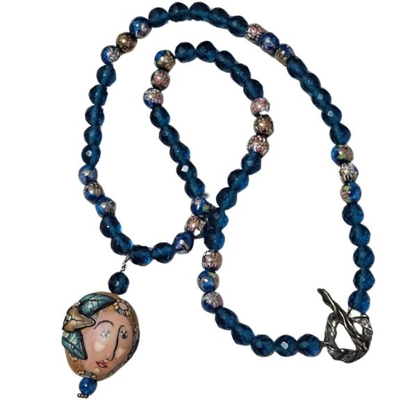 1980s Blue Artisan Crafted Polymer Clay Bead Face Pull Through Closure Necklace - Picture 3 of 7